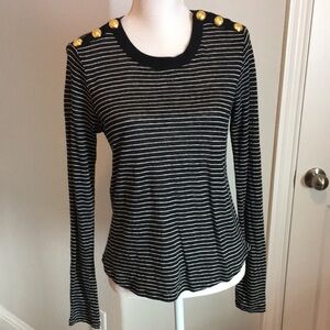 Veronica Beard Striped Linen Breton Pullover Long Sleeve Top w 3 Button READ!